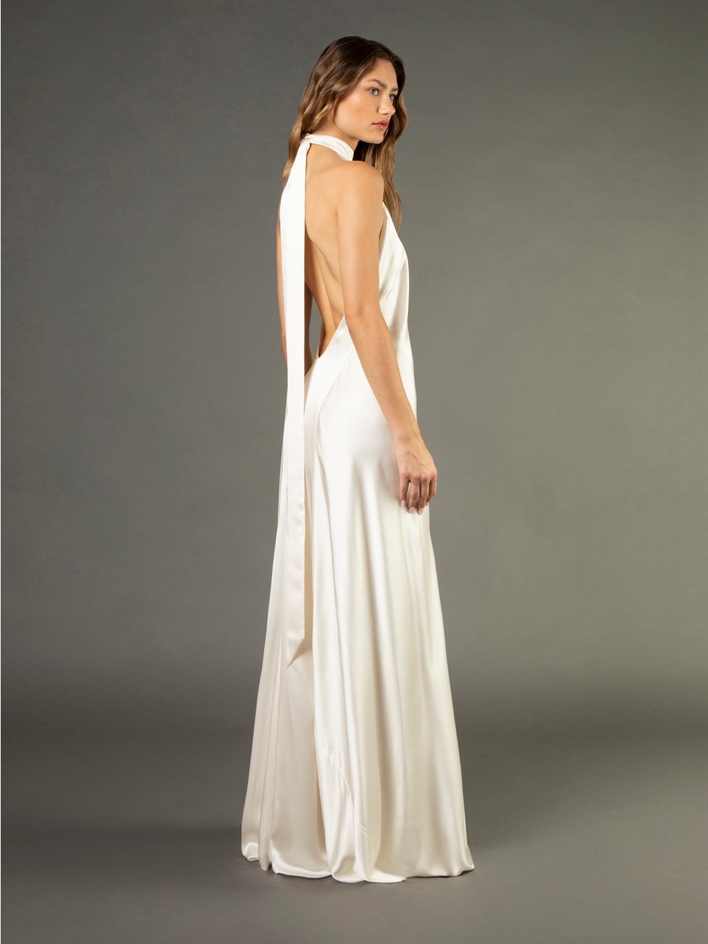 Michelle Mason Ivory Halter-Tie Gown